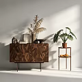 Modern Wooden Console Table And Side Table With Geometric Pattern Potted Plant Oranges And Books