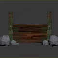 Traditional Red Wooden Bridge Structure With Stone Supports And Curved Design