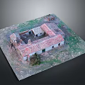 Traditional Courtyard Style Building Model With Red Tiled Roof And Grass Surrounding