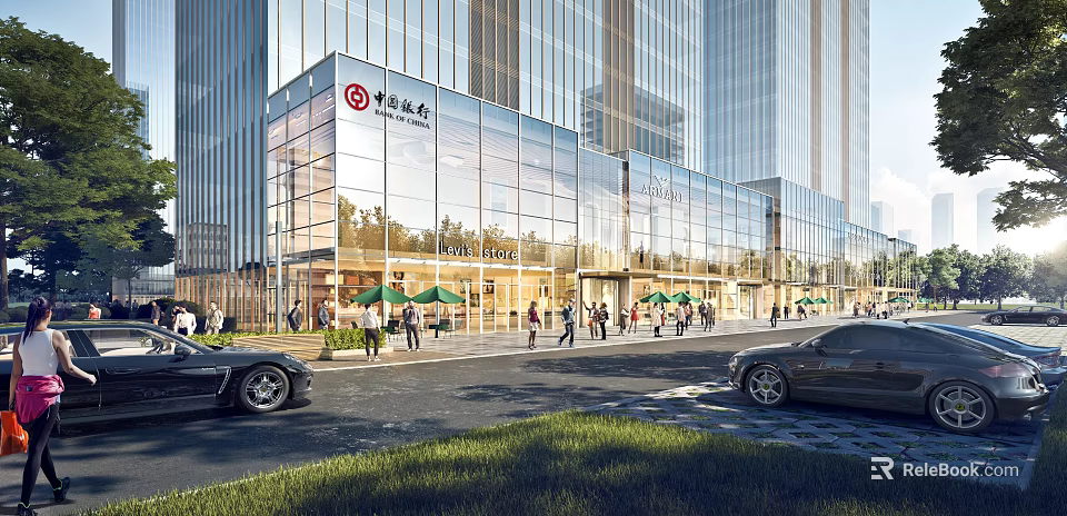 Vibrant Modern Commercial Street With Glass Facade Buildings Pedestrians Umbrellas And Cars 3d model 
