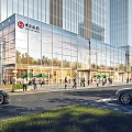 Vibrant Modern Commercial Street With Glass Facade Buildings Pedestrians Umbrellas And Cars