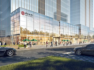 Vibrant Modern Commercial Street With Glass Facade Buildings Pedestrians Umbrellas And Cars 3d model