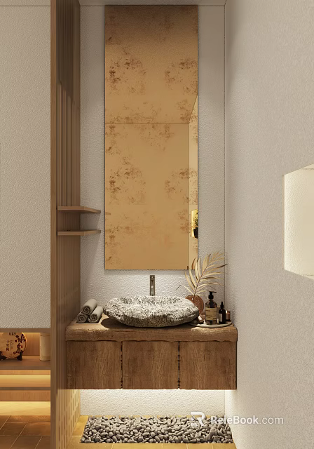 Natural Stone Washbasin with Modern Faucet and Skincare Products on Wooden Shelf and Light Colored Wall 3d model 