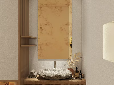Natural Stone Washbasin with Modern Faucet and Skincare Products on Wooden Shelf and Light Colored Wall 3d model