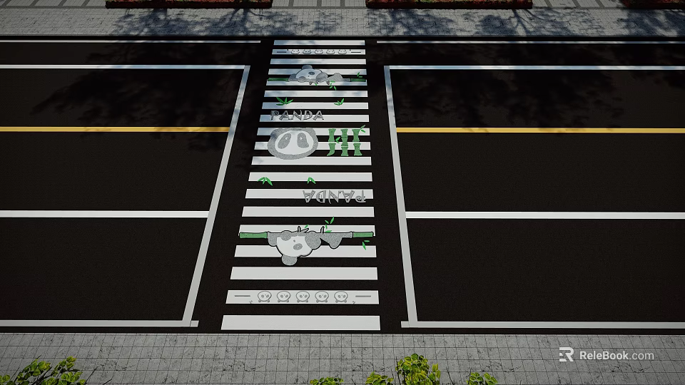 Garden Landscape With Pedestrian Zebra Crossing And Decorative Panda Green Patterns 3d model 