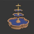 Three Tiered Decorative Fountain With Blue Water Basin And Light Colored Base