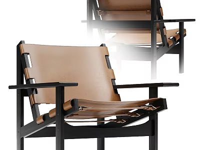 Stylish Modern Leisure Chair with Brown Leather Seat and Black Wooden Frame 3d model
