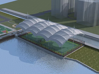 Tensile Membrane Canopy Over Waterfront Outdoor Recreational Green Space With Surrounding Buildings 3d model