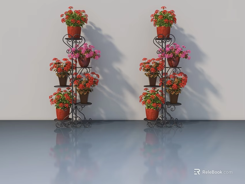 Swing Door With Black Metal Flower Stands And Red Pink Flowers In White Wall Room 3d model 