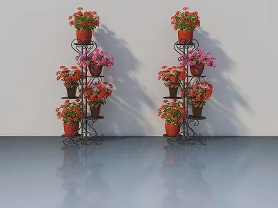 Swing Door With Black Metal Flower Stands And Red Pink Flowers In White Wall Room 3d model