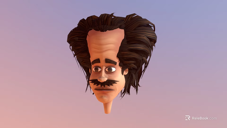 Cartoon Character Head With Exaggerated Dark Hair Curly Mustache And Gradient Background 3d model 
