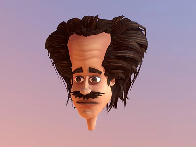 Cartoon Character Head With Exaggerated Dark Hair Curly Mustache And Gradient Background 3d model