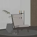 Contemporary Beige Lounge Chair With Upholstered Seat Wooden Frame Side Table Plant And Area Rug