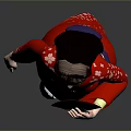 Woman In Red Kimono With Blue Obi And White Patterns On Gray Background