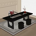 Classic Wooden Tea Table With Matching Stools And Tea Set On Traditional Pattern Carpet 3d model