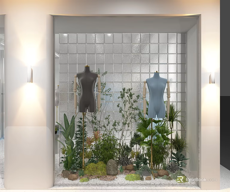Store Window Display with Mannequins Green Plants Wall Lamps and Glass Block Wall 3d model 