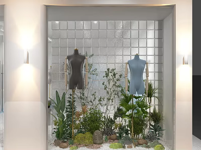 Store Window Display with Mannequins Green Plants Wall Lamps and Glass Block Wall 3d model