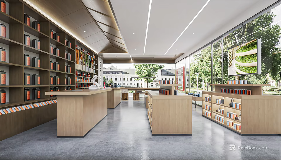 Spacious Bookstore Interior With Wooden Counters Bookshelves And Natural Light Through Large Windows 3d model 