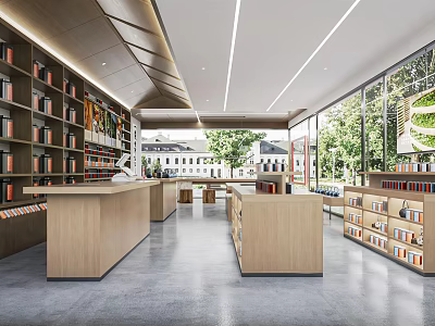 Spacious Bookstore Interior With Wooden Counters Bookshelves And Natural Light Through Large Windows 3d model
