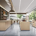 Spacious Bookstore Interior With Wooden Counters Bookshelves And Natural Light Through Large Windows