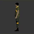 Man Wearing Green T Shirt With Yellow Cross Straps Camouflage Pants And Yellow Knee Pads