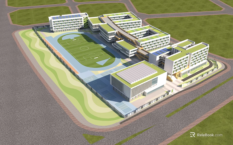 Modern School Building Complex With Football Field Green Spaces And Contemporary Architecture 3d model 