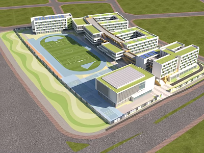 Modern School Building Complex With Football Field Green Spaces And Contemporary Architecture 3d model