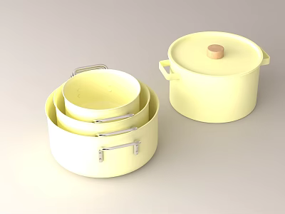Stylish Yellow Cookware Set Featuring Stacked Pots And Wooden Lid Design 3d model