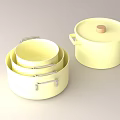 Stylish Yellow Cookware Set Featuring Stacked Pots And Wooden Lid Design