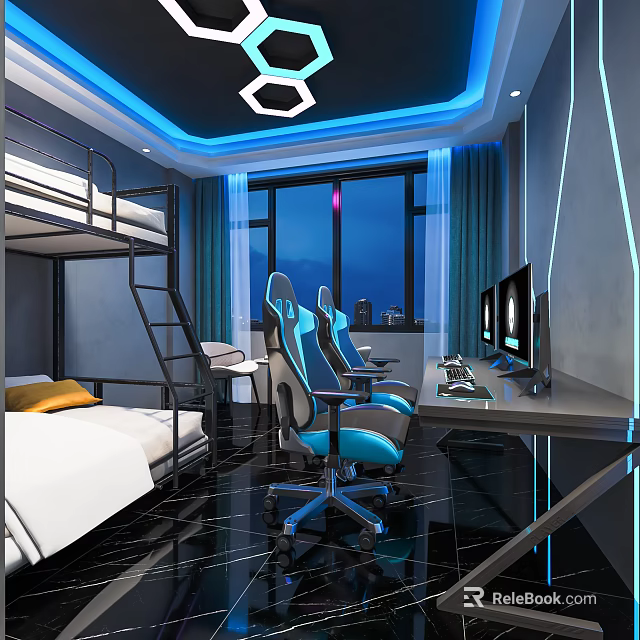 Hotel Guest Room With Bunk Bed Gaming Chairs Computers And Modern Lighting 3d model