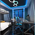 Hotel Guest Room With Bunk Bed Gaming Chairs Computers And Modern Lighting 3d model