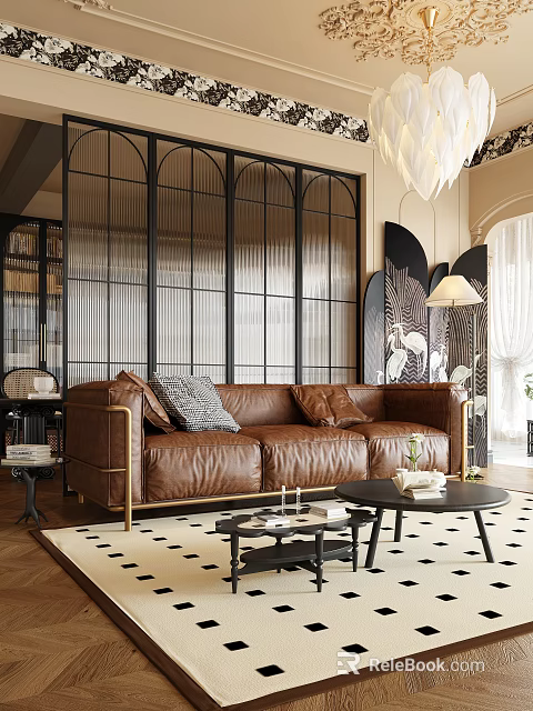 Modern Living Room Interior With Brown Leather Sofa Black Coffee Tables Glass Partition And Checkered Rug 3d model 