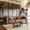 Modern Living Room Interior With Brown Leather Sofa Black Coffee Tables Glass Partition And Checkered Rug