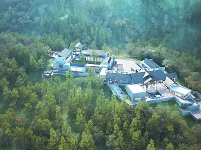 Traditional Chinese Architecture Complex Nestled in Lush Forest with Modern Design Elements 3d model