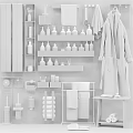 Organized Bathroom Essentials With Storage Shelves Towels Robe Bottles And Toiletries