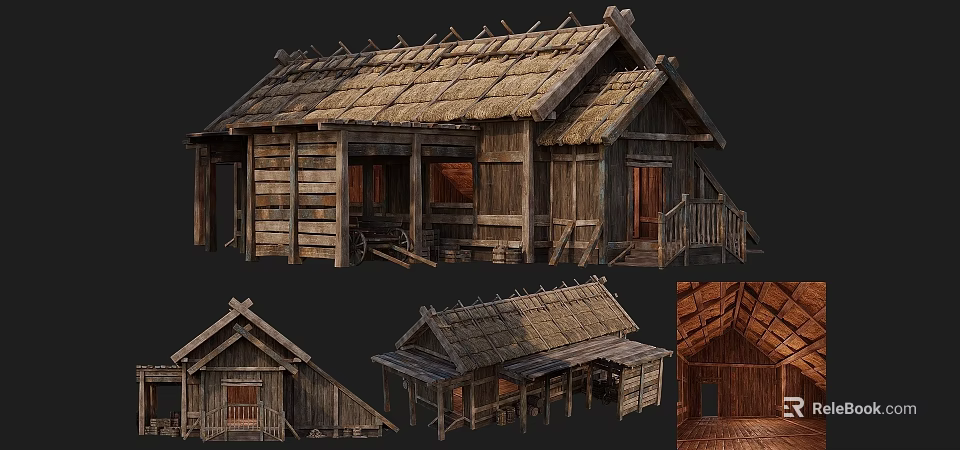 Ancient Traditional Wooden Building With Thatched Roof And Multiple Structural Details 3d model 