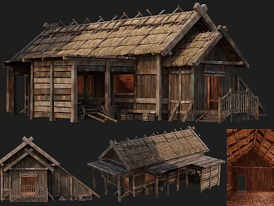 Ancient Traditional Wooden Building With Thatched Roof And Multiple Structural Details 3d model
