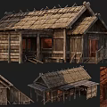 Ancient Traditional Wooden Building With Thatched Roof And Multiple Structural Details