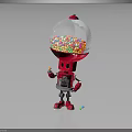 Red Robot With Gumball Machine Head Holding Colorful Candy Balls Scattered On Floor