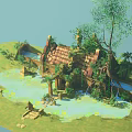 Cartoon Scene with Thatched Roof Houses Small River and Green Palm Trees