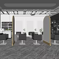 Modern Hair Salon Interior With Black Chairs Mirrors Shelves And Marble Floor