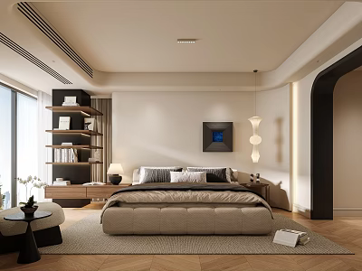 Modern Bedroom Interior Design With Upholstered Bed Bookshelf And Area Rug 3d model