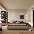 Modern Bedroom Interior Design With Upholstered Bed Bookshelf And Area Rug