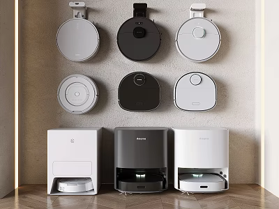 Smart Robotic Cleaning Devices Arranged On Wall And Floor 3d model