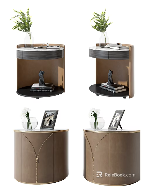 Modern Brown Gray Bedside Table With Curved Design And Decor Items Vase Frame Books 3d model 