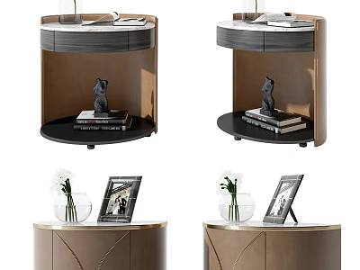Modern Brown Gray Bedside Table With Curved Design And Decor Items Vase Frame Books 3d model