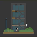 Miniature Scene With Orange Multi Story Building Staircase Green Trees Street Lamp And Small Figure