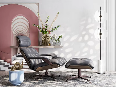 Elegant Modern Leather Recliner Chair With Ottoman Floor Lamp And Vase In Living Room 3d model