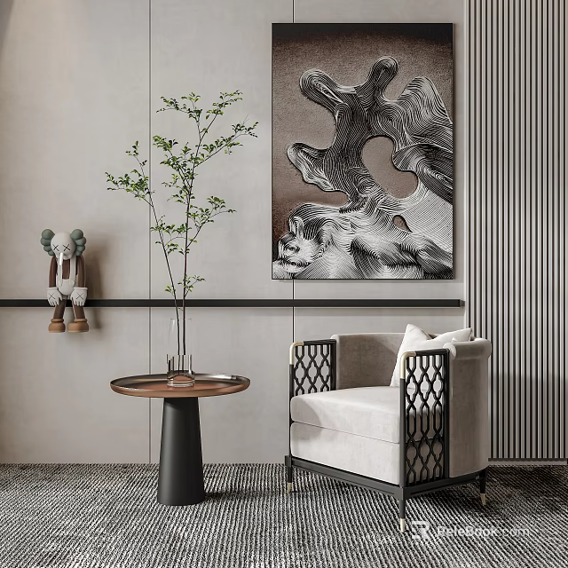 Modern Luxury Single Sofa Interior With Round Side Table And Abstract Wall Art 3d model