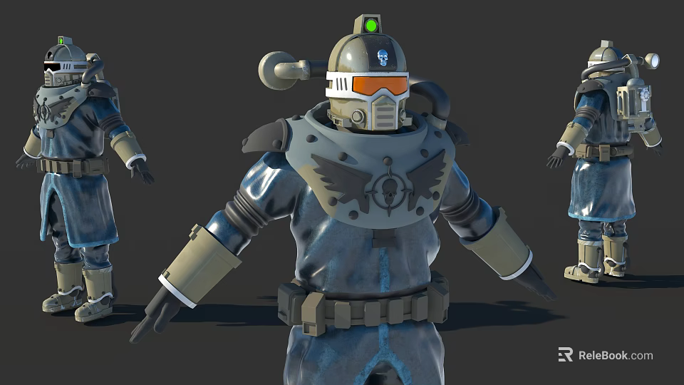 Futuristic Armored Game Character With Helmet Green Light And Winged Shoulder Armor 3d model 